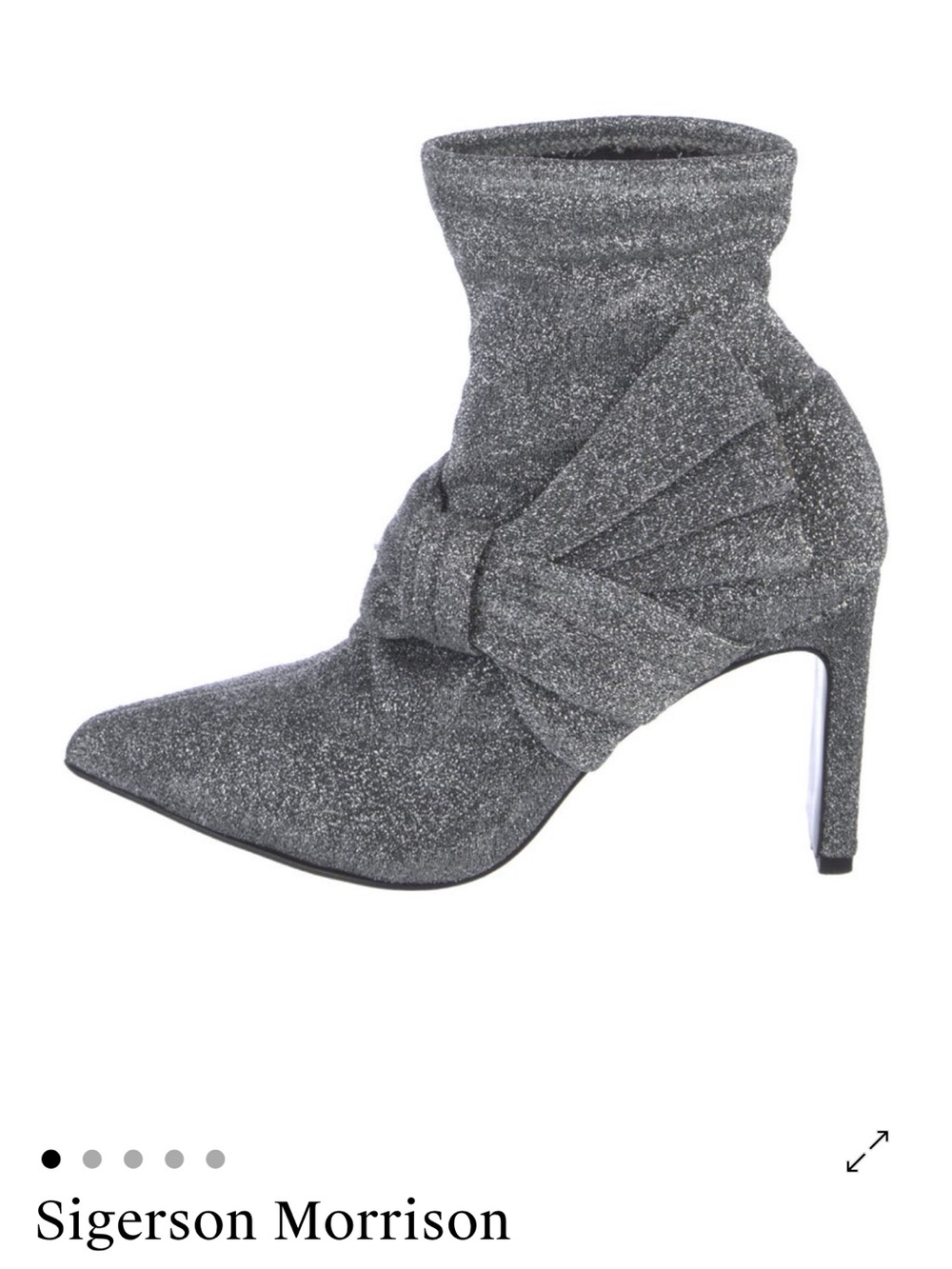 Sigerson Morrison Silver Glitter Pointed Sock Ankle Boot with Bow